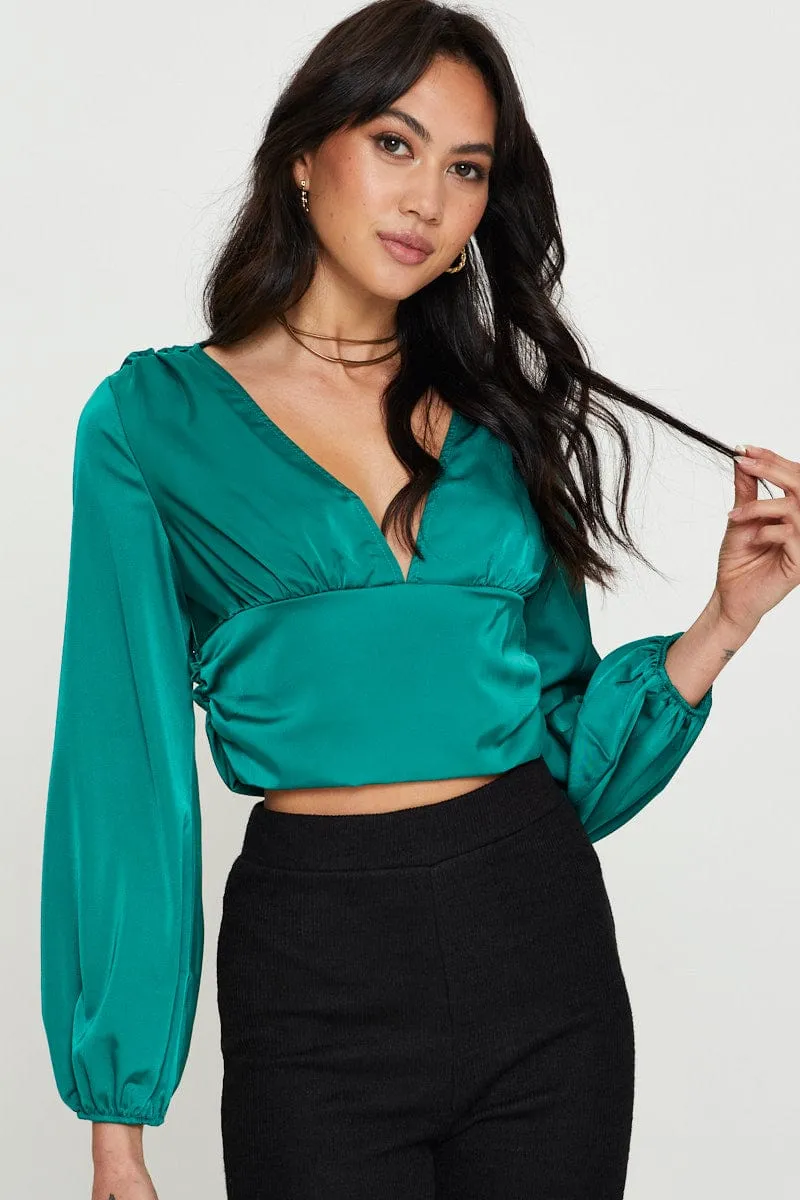 Green Long Sleeve Ruched Top