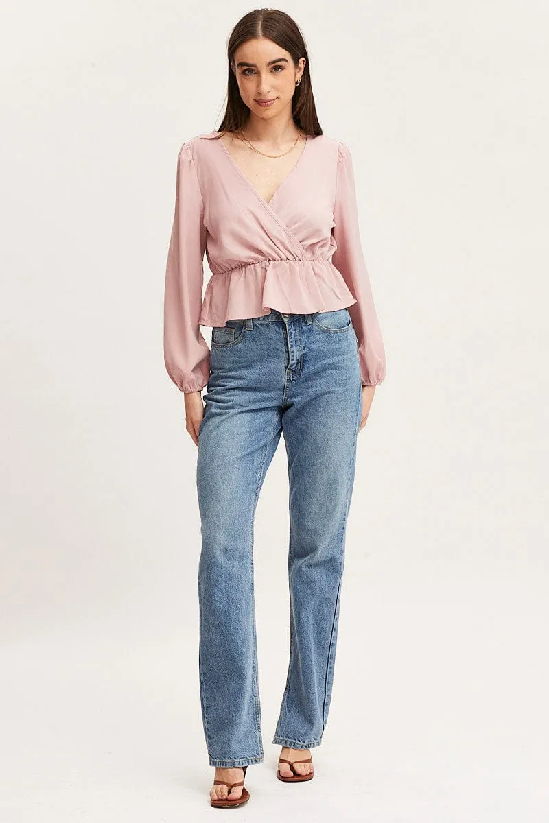 Pink Wrap Front Top Long Sleeve