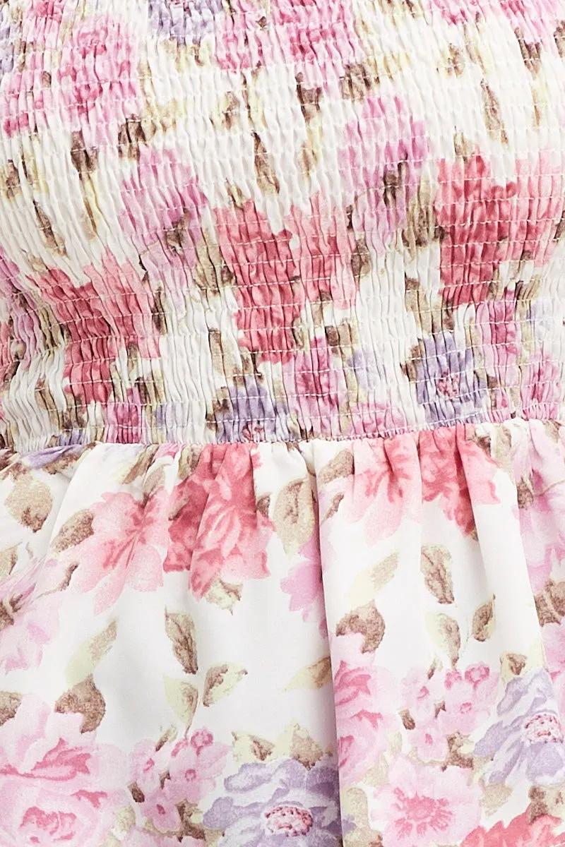 Print Shirred Top Long Sleeve