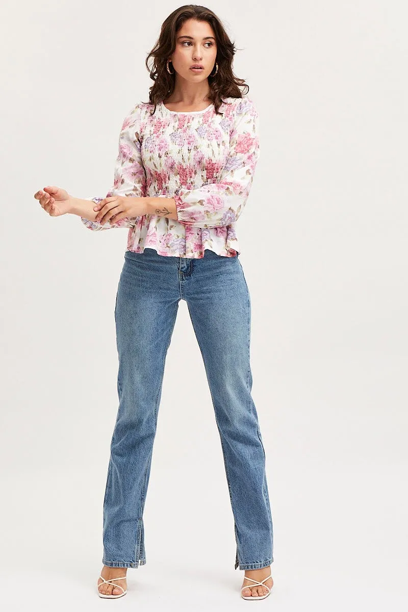 Print Shirred Top Long Sleeve