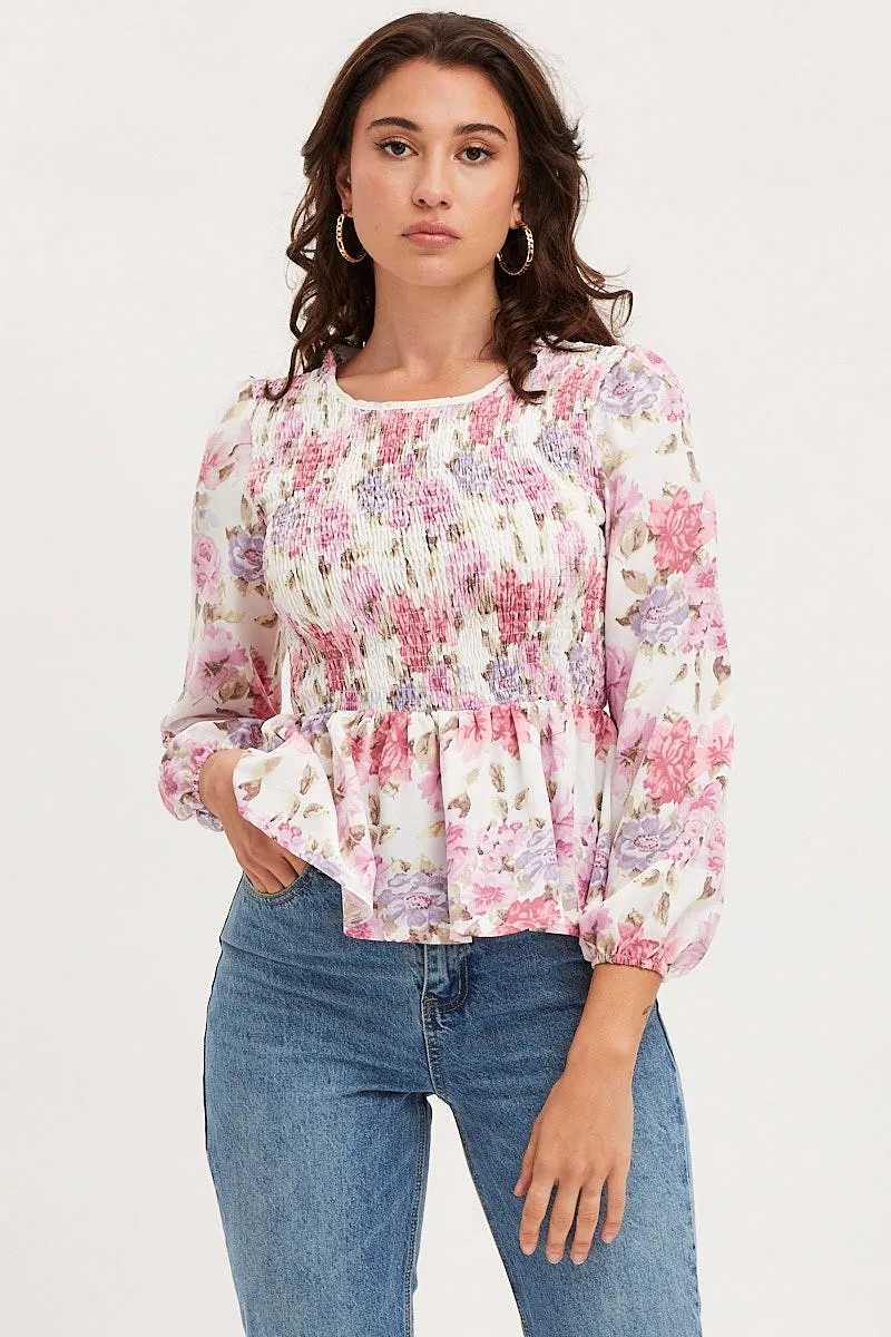 Print Shirred Top Long Sleeve
