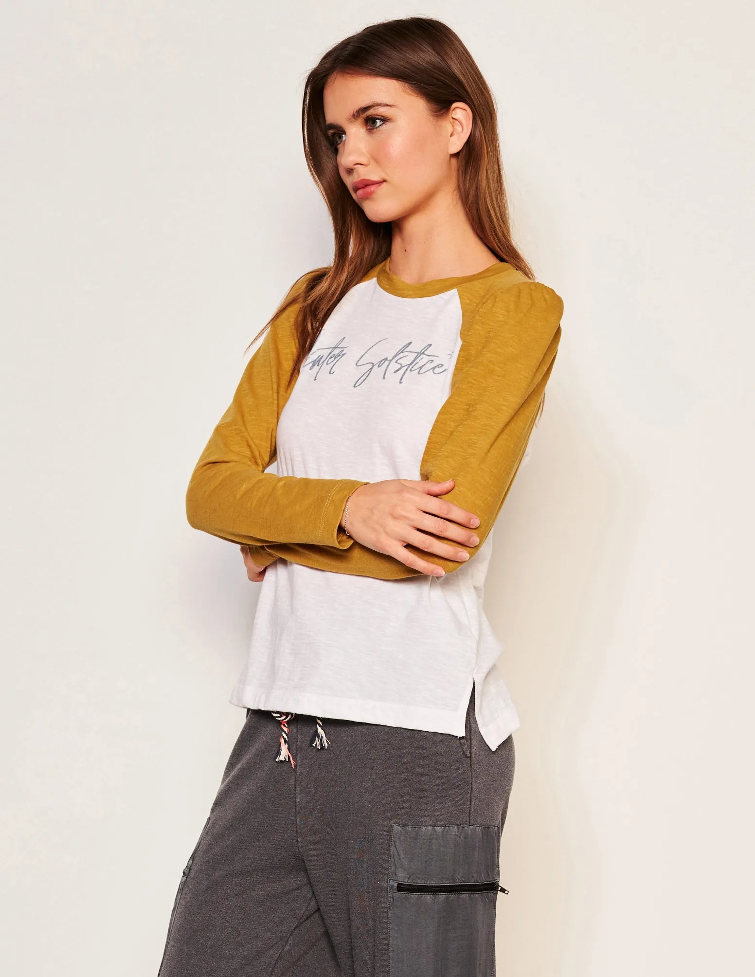 Sundry Winter Solstice Long Sleeve Contrast Sleeve Tee in Optic White