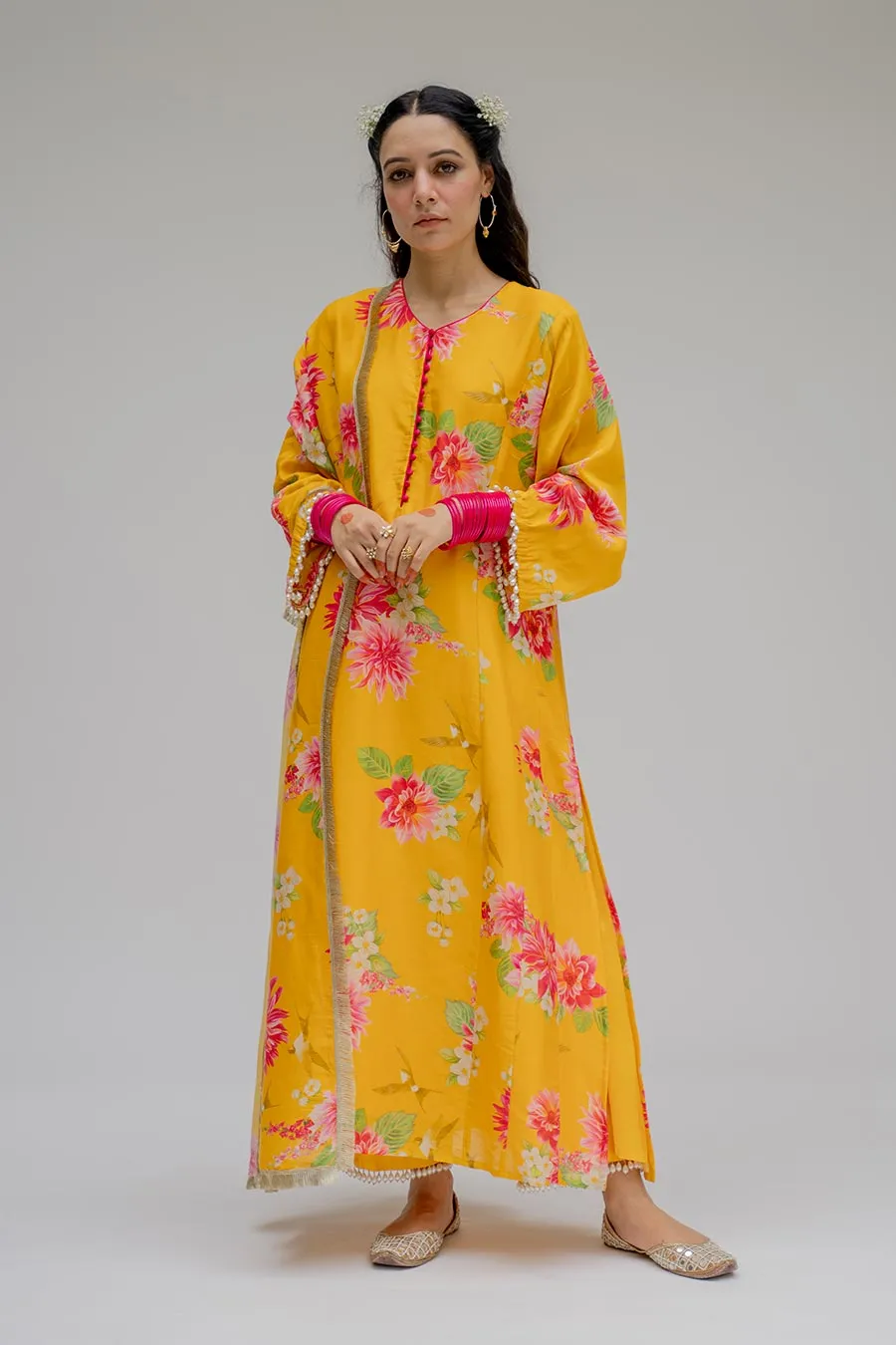 Yellow Printed Kurta Set With Dupatta
