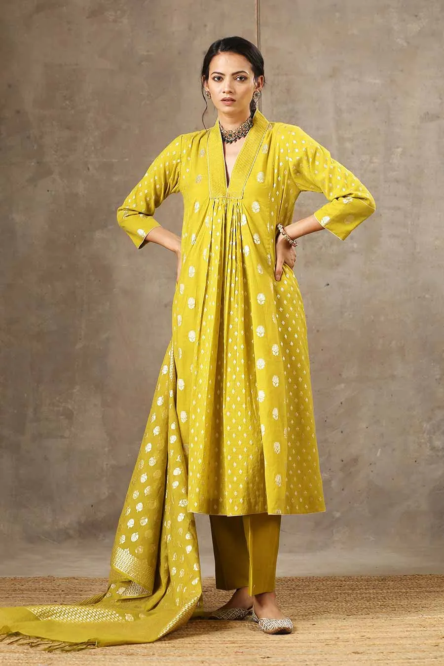 Yellow Silk Chanderi 5 Kali Kurta Set With Dupatta