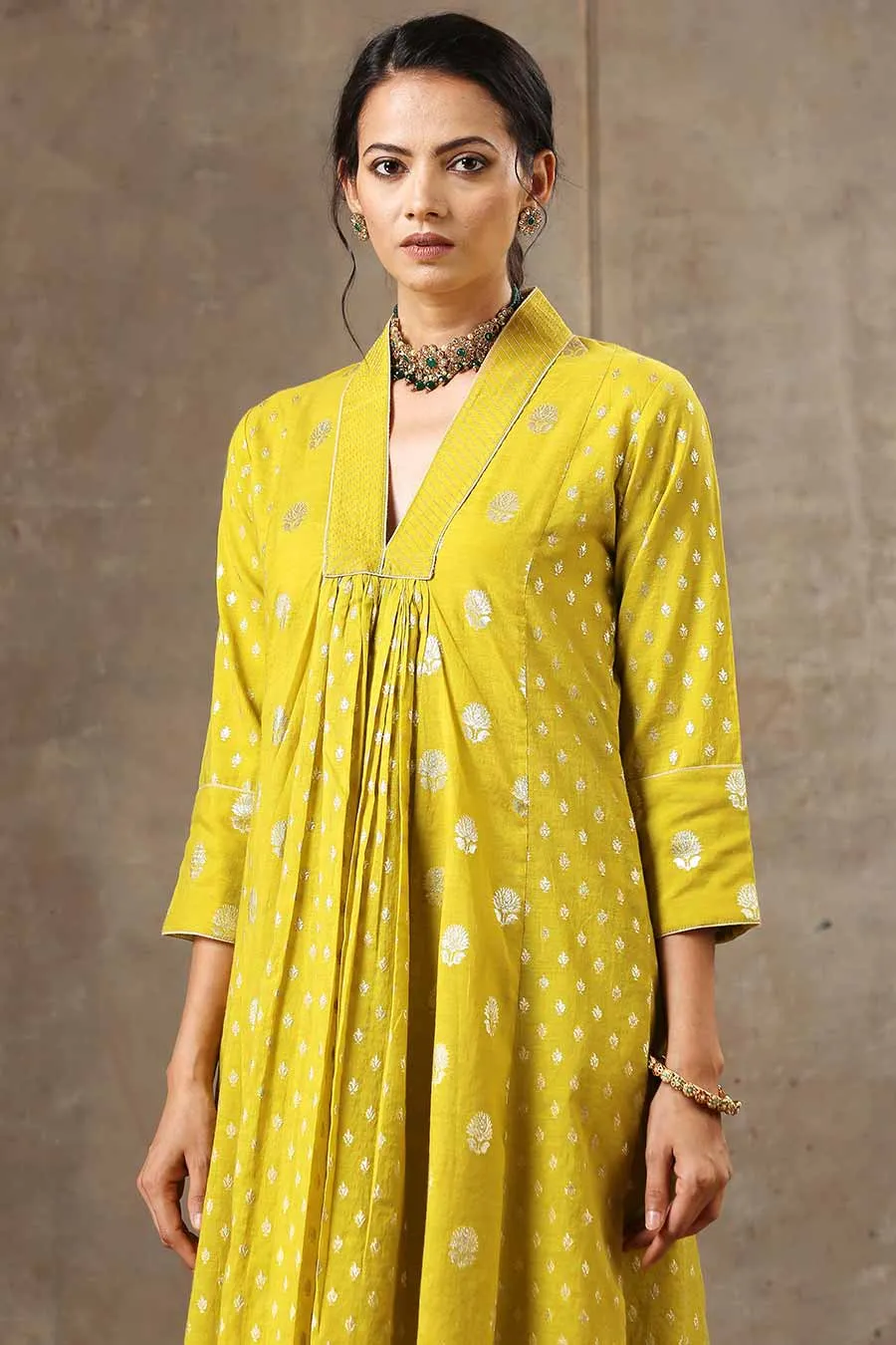 Yellow Silk Chanderi 5 Kali Kurta Set With Dupatta
