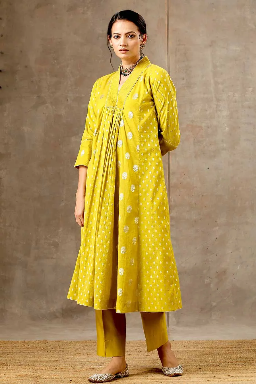Yellow Silk Chanderi 5 Kali Kurta Set With Dupatta