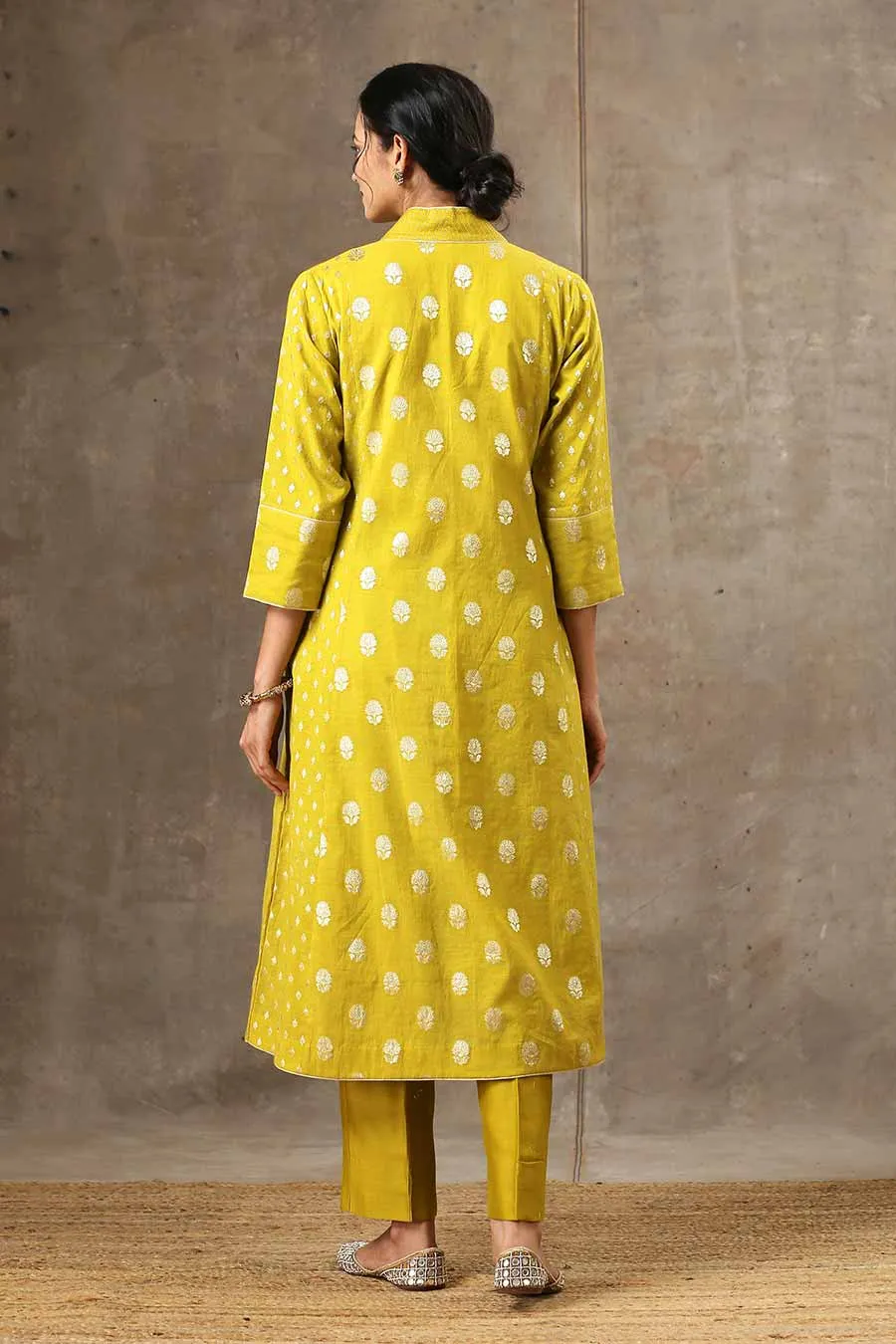 Yellow Silk Chanderi 5 Kali Kurta Set With Dupatta