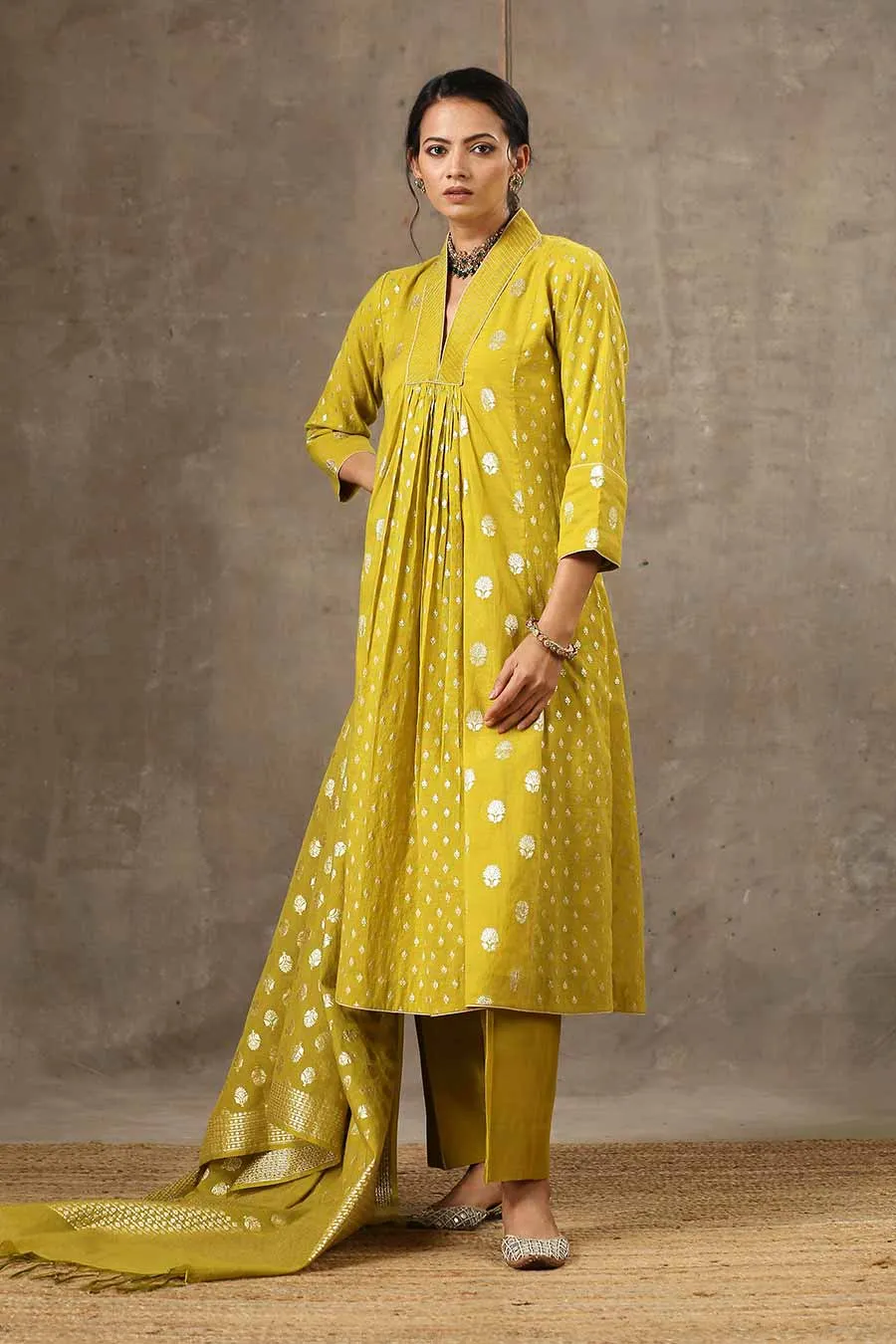 Yellow Silk Chanderi 5 Kali Kurta Set With Dupatta