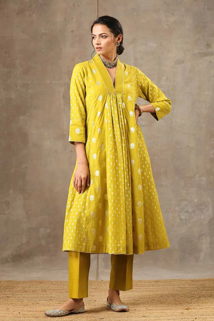Yellow Silk Chanderi 5 Kali Kurta Set With Dupatta