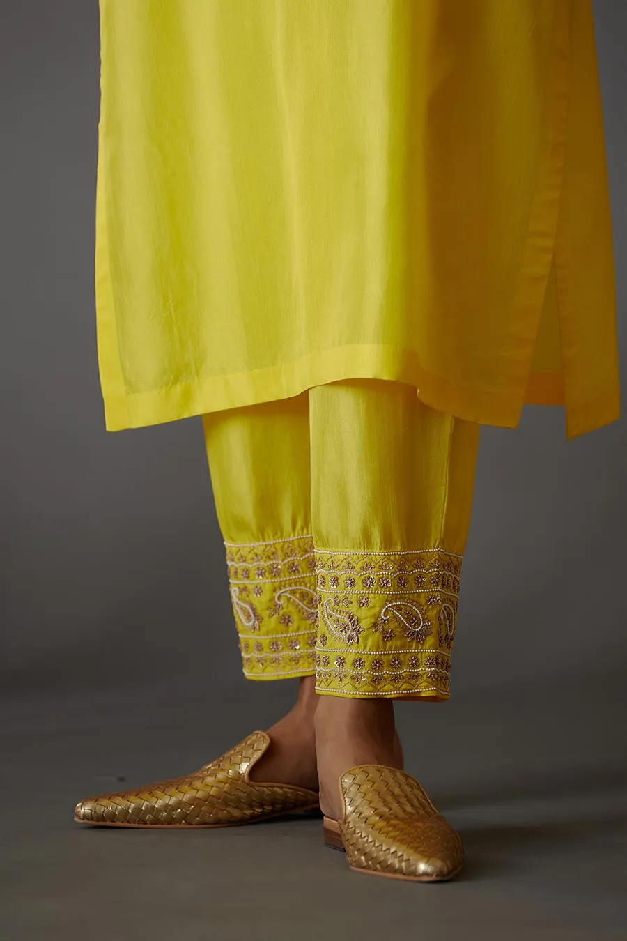 Yellow Silk Embroidered Kurta & Pant Set