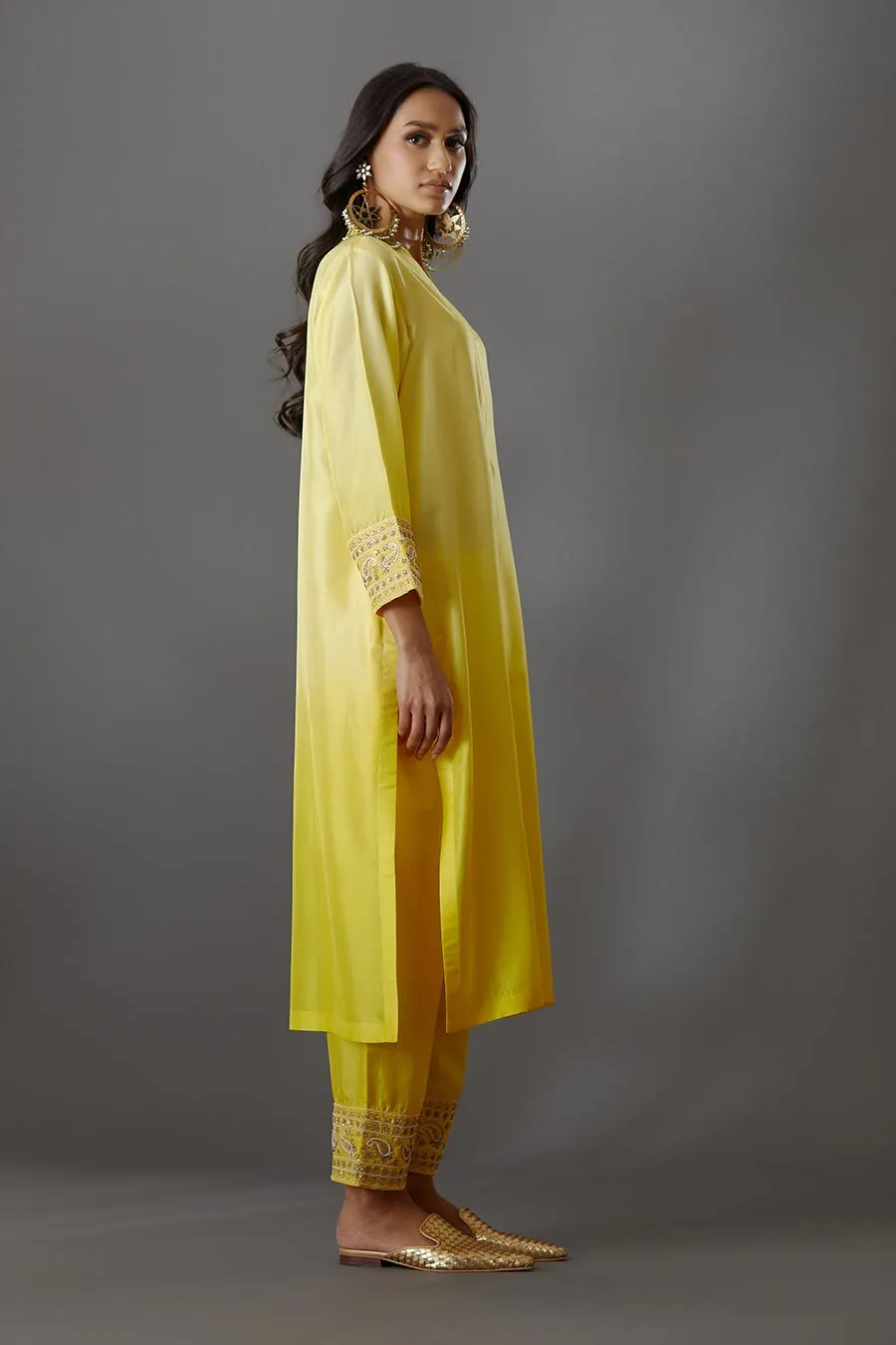 Yellow Silk Embroidered Kurta & Pant Set