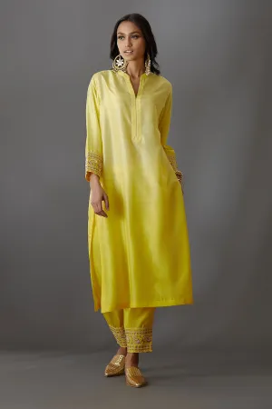 Yellow Silk Embroidered Kurta & Pant Set