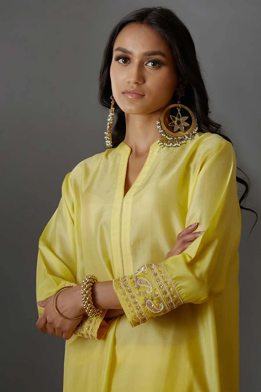 Yellow Silk Embroidered Kurta & Pant Set