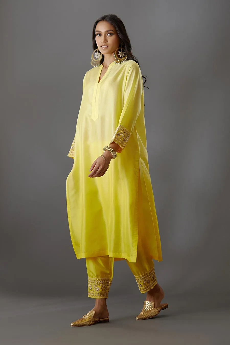 Yellow Silk Embroidered Kurta & Pant Set