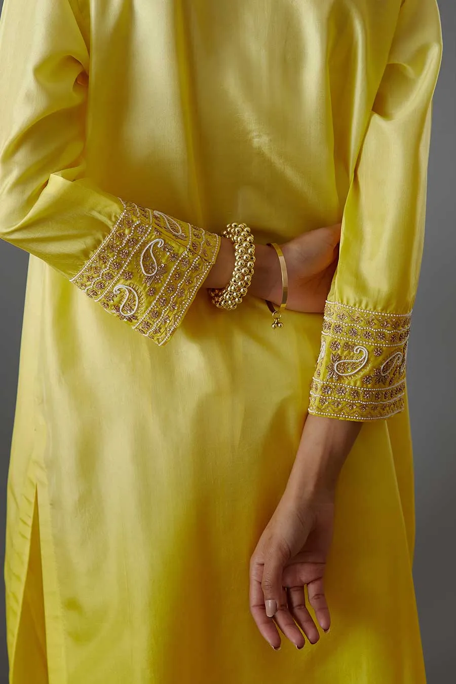 Yellow Silk Embroidered Kurta & Pant Set